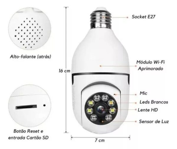 Câmera Segurança Ip 360 Lâmpada Wi-fi Visão Noturna Áudio Hd - Imagem 5